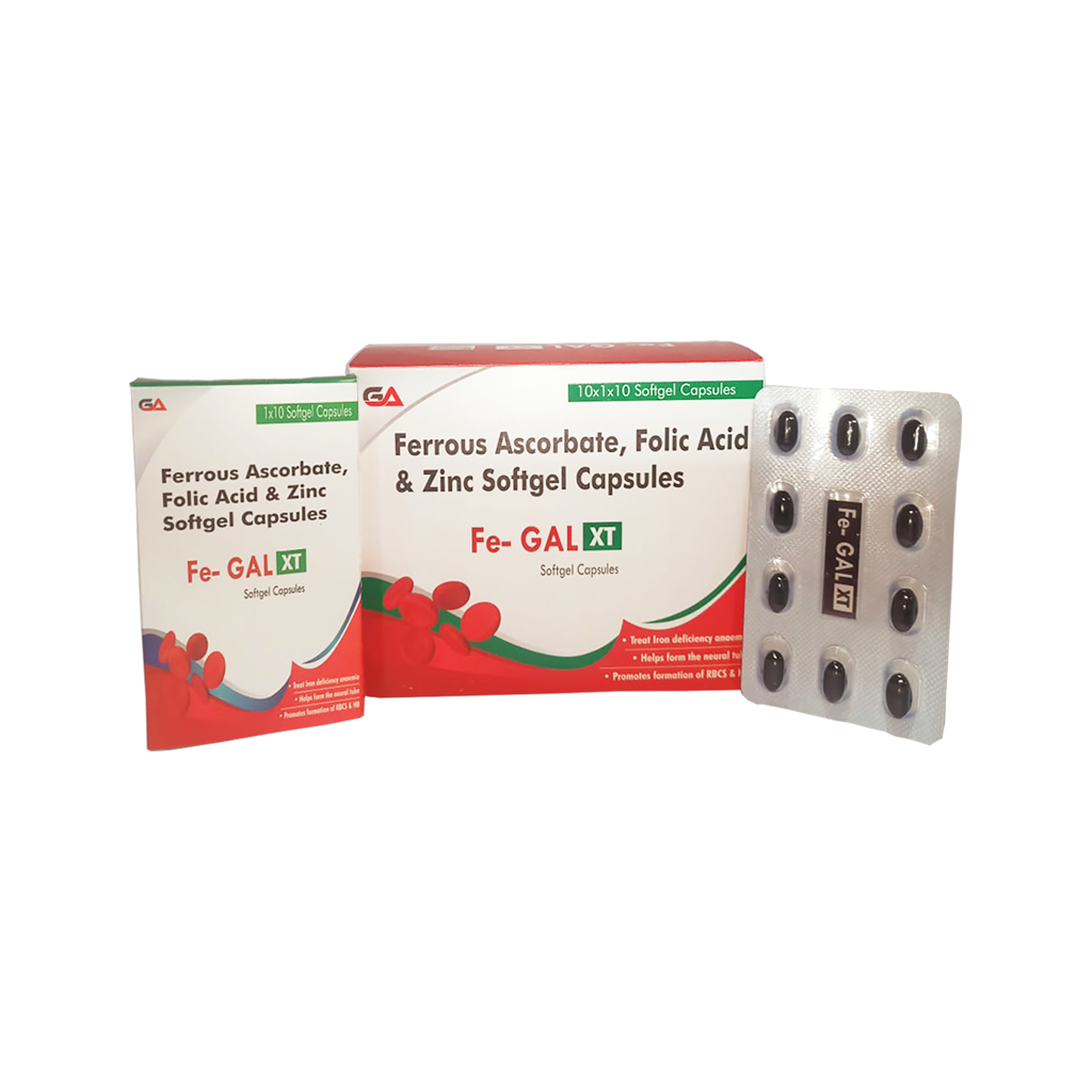 Fe Gal Xt | Ferrous Ascorbate, Folic Acid & Zinc Softgel Capsules | Main Image