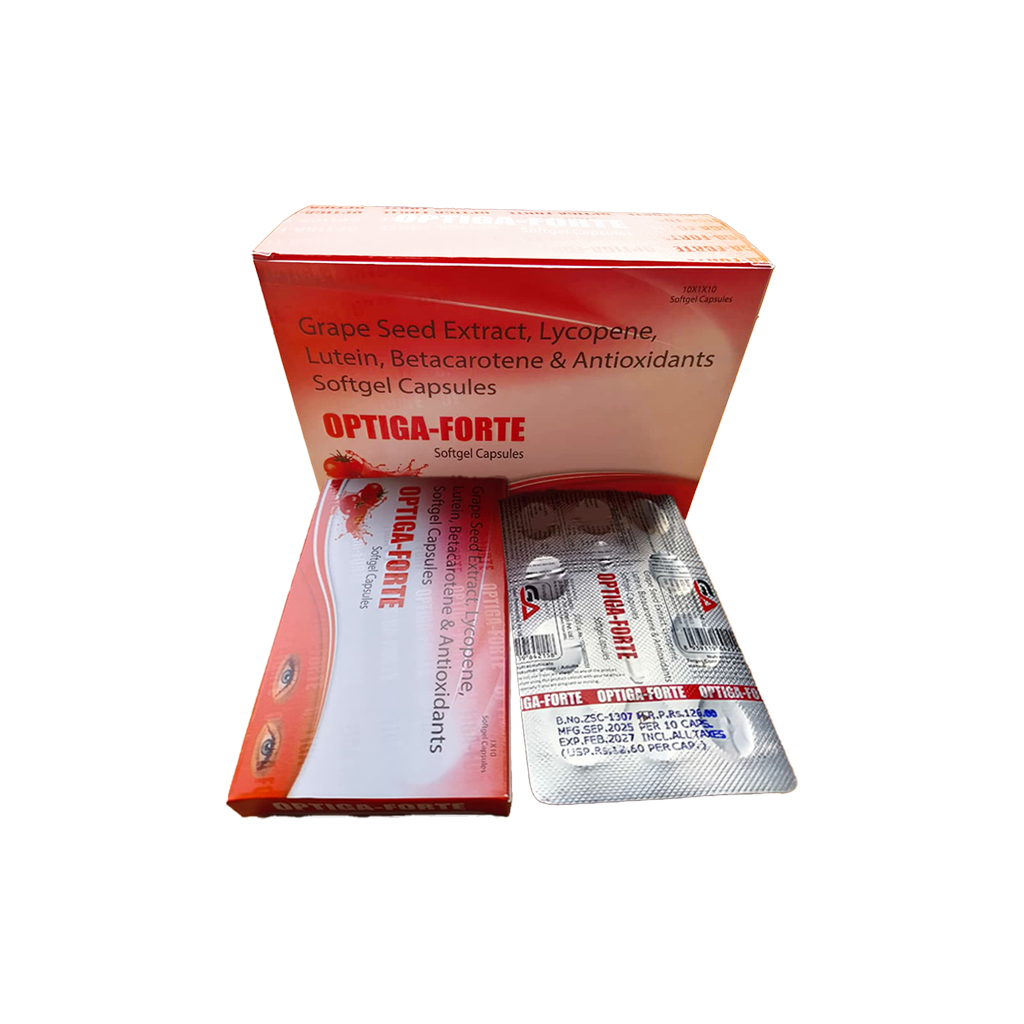 Optiga Forte | Grape Seed Extract, Lycopene, Lutein, Betacarotene & Antioxidants Softgel Capsules | Main Image