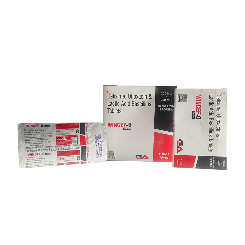 Wincef O | Cefixime (200 MG) + Ofloxacin (200 MG) + Lactic Acid Bacillus (90 Million Spores) Tablets | Main Image
