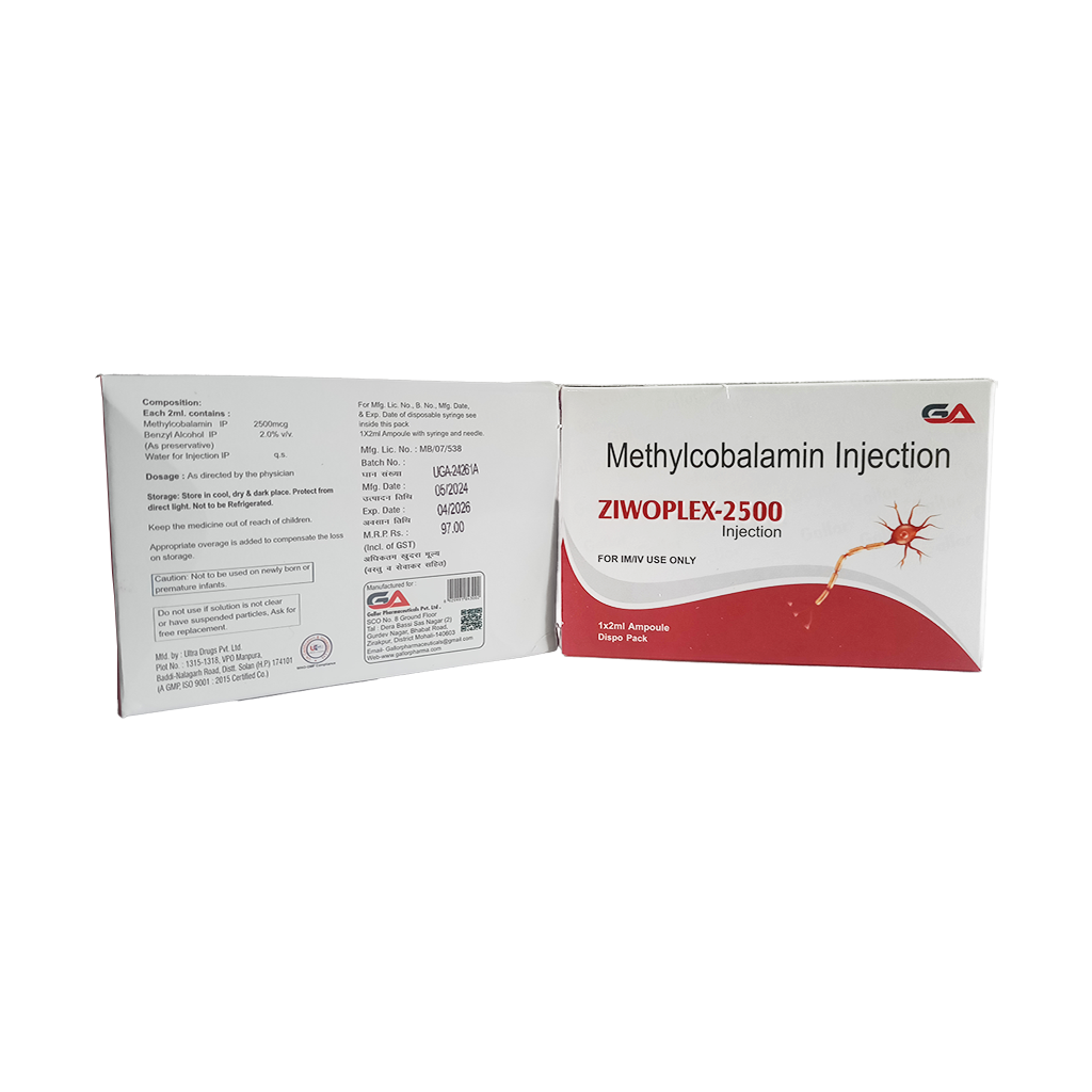 Ziwoplex 2500 | Methylcobalamin Injection IP 2500 mcg/2 ml | Main Image